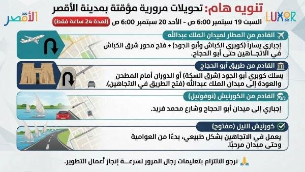 غلق وتحويلات مرورية في الأقصر لمدة 24 ساعة بدءًا من السبت