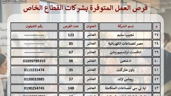 5695 فرصة عمل بـ 56 مصنعاً وشركة في مدينتي العاشر من رمضان والصالحية