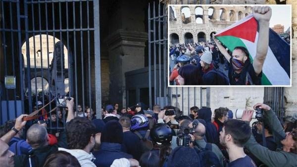 بأعلام فلسطين.. متظاهرون يقتحمون الكولوسيوم الروماني خلال احتجاجات إيطاليا