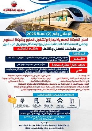 وظائف جديدة بمونوريل غرب النيل.. التقديم إلكترونيا بدءا من السبت المقبل