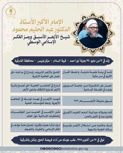 الأوقاف تُحيي ذكرى الدكتور عبد الحليم محمود شيخ الأزهر الأسبق: أحد رموز الفكر الإسلامي